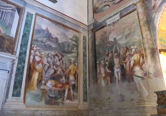 
                        	Híressé, illetve hírhedtté - már ha lehet ilyet mondani templomra - vált ugyanis jellegzetes freskói miatt, melyek Niccolò Circignani és Antonio Tempesta nevéhez köthetők.