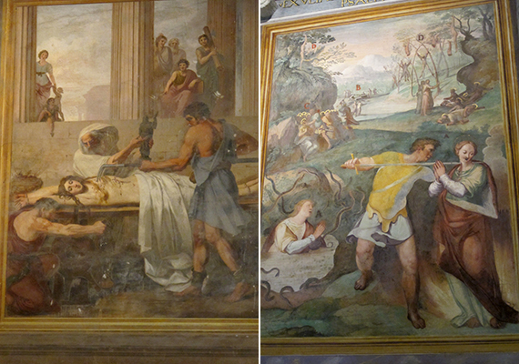 	A freskókon az erőszakos jelenetekkel ellentétes hatást váltanak ki a mártírok békét és alázatot tükröző arcai.
