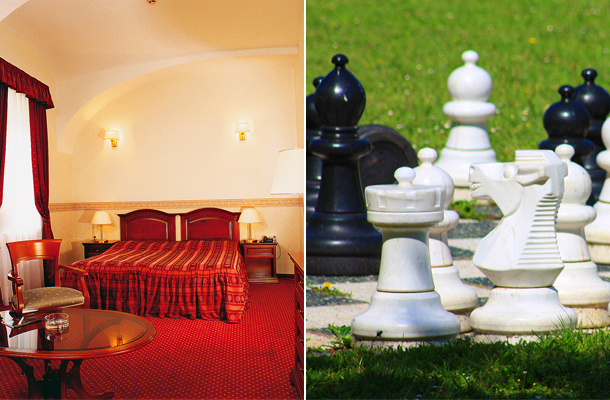 Balra: a Szidónia egyik szobája; Jobbra: a kerti óriás sakk