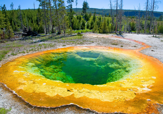 	Csodás színekben pompázik a Yellowstone Nemzeti Parkban található Morning Glory Pool, vagyis a Hajnalka-medence, köszönhetően a hőforrásban élő algáknak és baktériumoknak. Kattints ide a háttérképért!