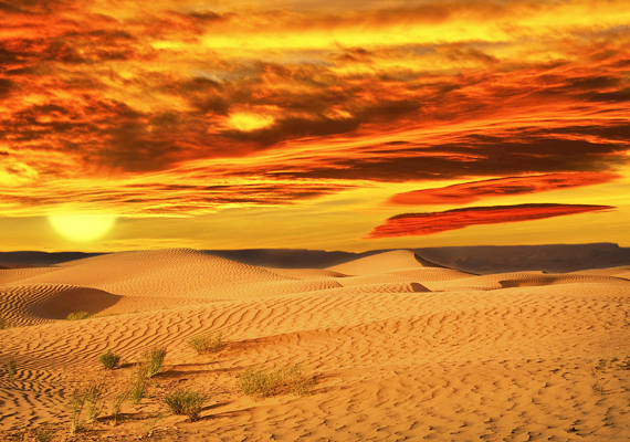 	A Szaharában a naplemente színvilága és a homok árnyalatai olyannyira összeolvadnak, hogy szinte nem is látni, hol ér véget a föld, és hol kezdődik az égbolt.