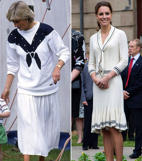 Tengerészruha Diana hercegnőt 1987-ben fotózták le ebben a fehér-kék ruhában, míg Katalinon 2012-ben, a wimbledoni teniszmérkőzések alatt volt egy hasonló Alexander McQueen összeállítás.
