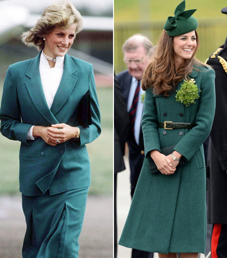 Zöld kabát Diana ezen az 1983-as fotón Jasper Conran kabátját viseli, Katalin pedig a 2014-es Szent Patrik nap alkalmából bújt hasonló zöld kabátba.