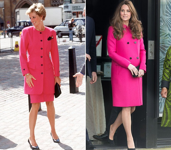Mindkettejüknek remekül állt ez a pink kabátruha. A különbség csak annyi, hogy Dianáé jóval testhez állóbb, míg Katalin egy bővebb fazonúra voksolt.